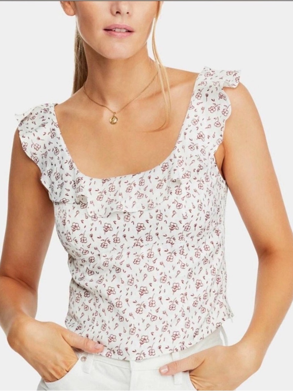Free People Cream Floral Ruffle Sleeve Top